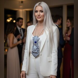 “Dainty Dapper” Elegant blue and white necktie necklace with pretty blue rose